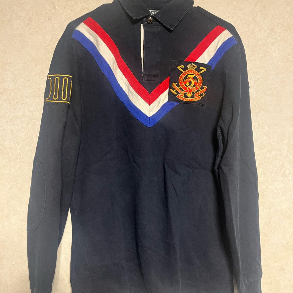 Vtg Polo Ralph Lauren Navy Shirt With Chevron And Crest